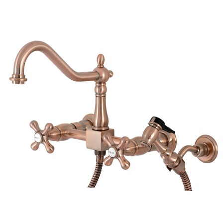 Kingston Brass Heritage 2-Handle Wall Mnt Bridge Kitchen Faucet W/Brass Sprayer, Cppr KS124AXBSAC